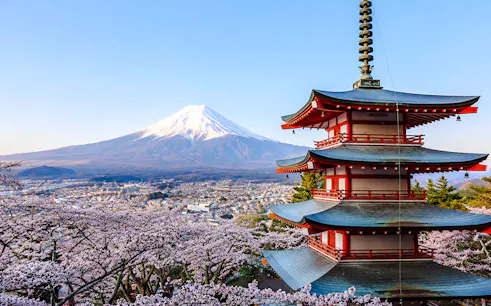 Pagoda with cherry blossoms and Mt. Fuji in the background, Fujiyoshida, Japan.