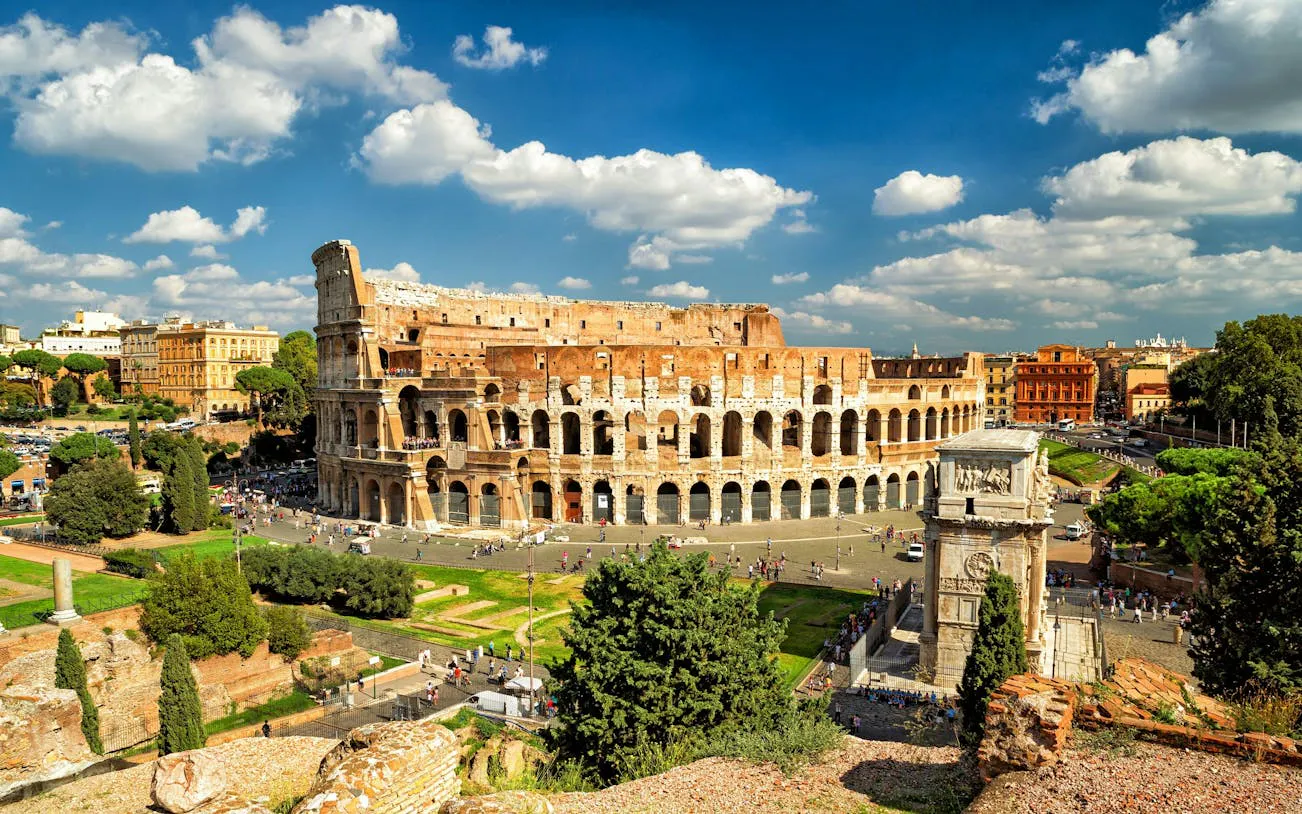 Colosseum in Rome, Italy, viewed from above, part of the Suburra Mystery exploration game.