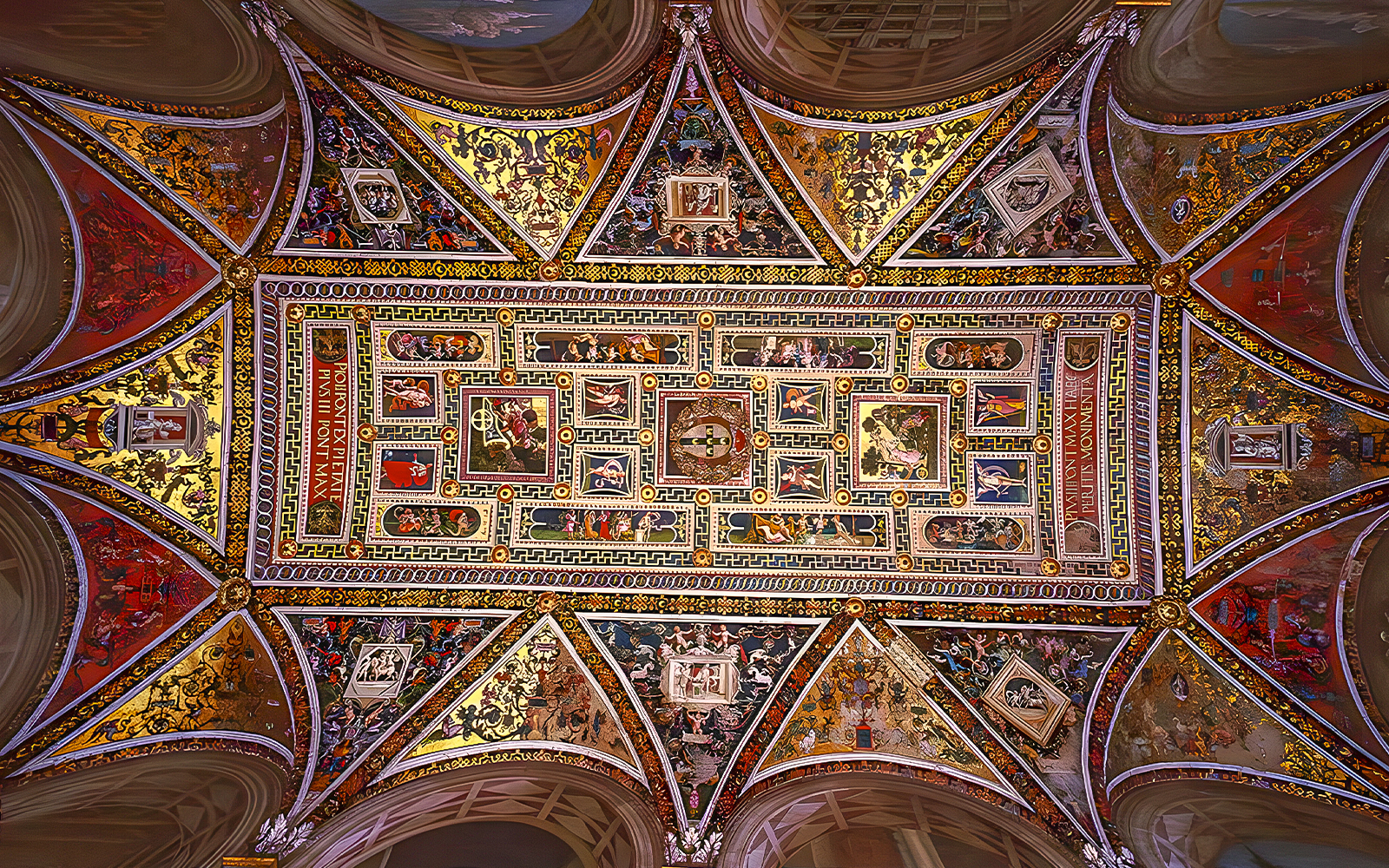 Ceiling frescoes of Siena Cathedral, Italy, showcasing intricate religious artwork.
