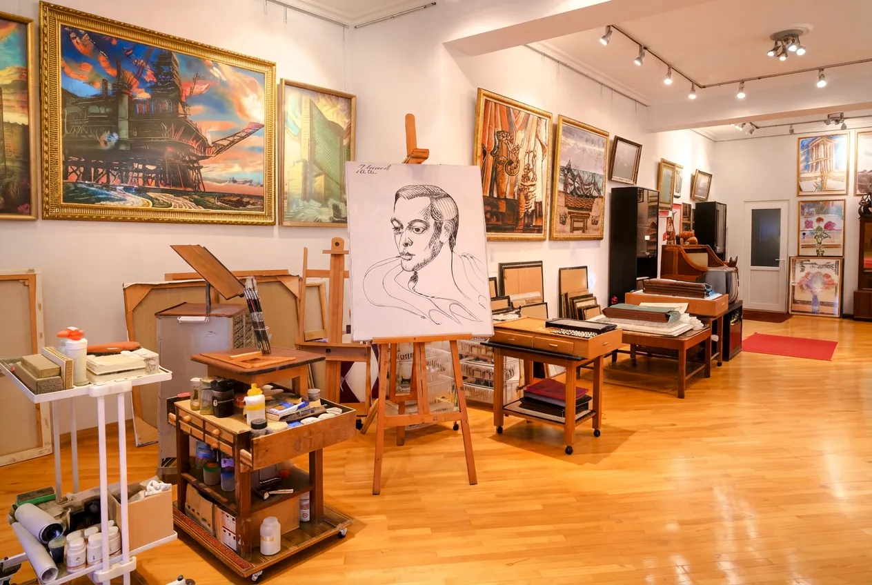 Art studio with paintings and sketch at House-Museum of Tahir Salahov, Baku.