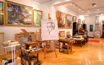 Art studio with paintings and sketch at House-Museum of Tahir Salahov, Baku.
