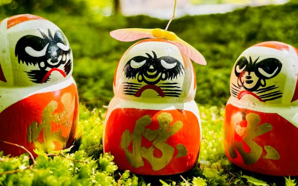 Daruma dolls with painted faces on green moss, traditional Japanese good luck charm.