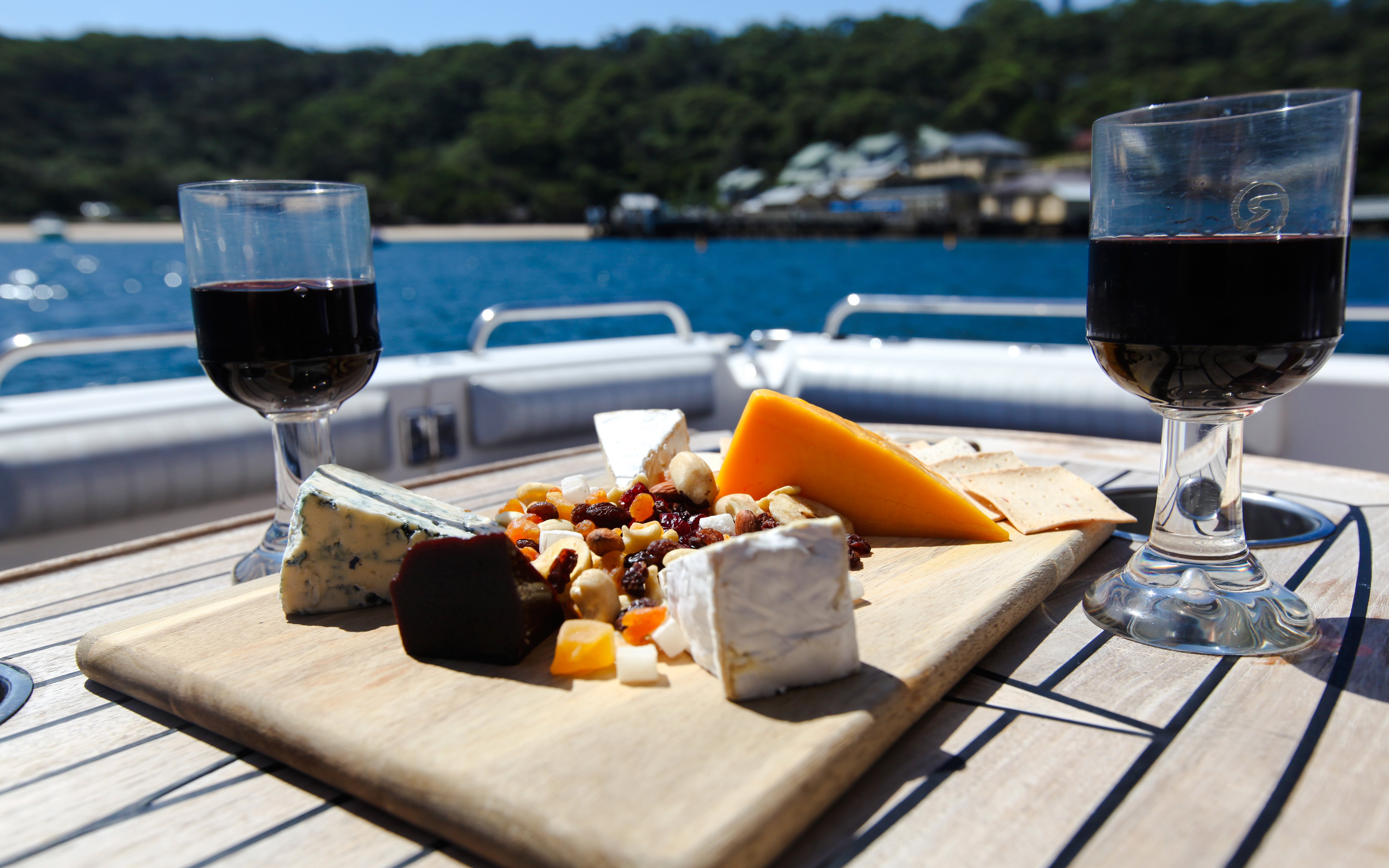 Cheese platter and wine on a table during Sydney Harbour cruise with scenic view.