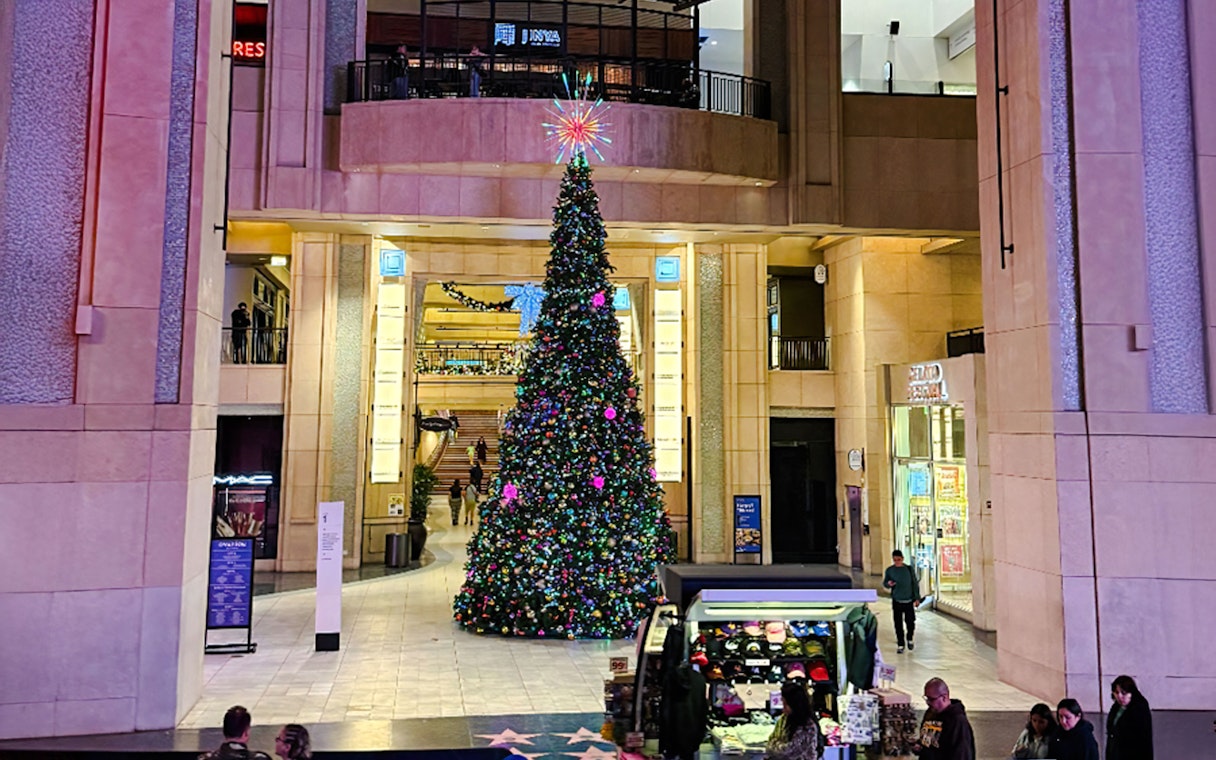 Christmas tree decorated in the lobby of Dolby Theatre, Los Angeles.