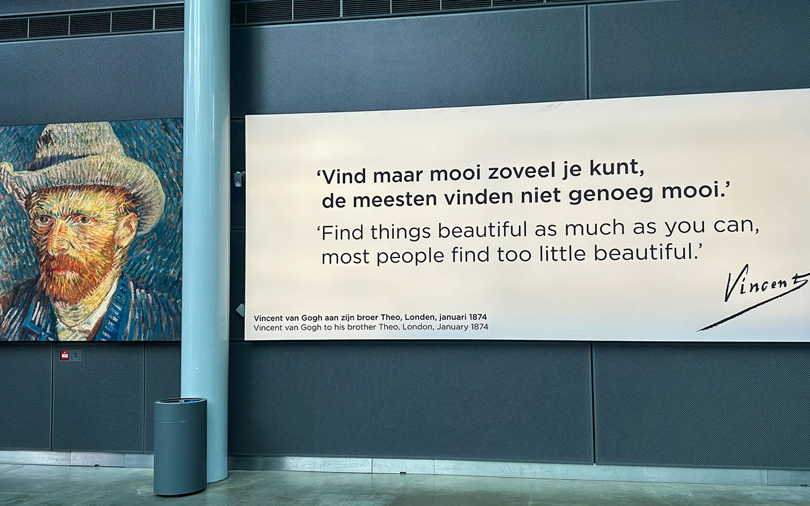 Van Gogh Museum tour featuring self-portrait and quote display.