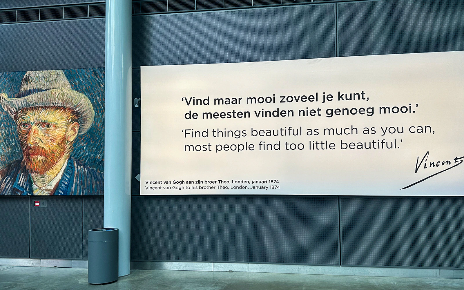 Van Gogh Museum tour featuring self-portrait and quote display.