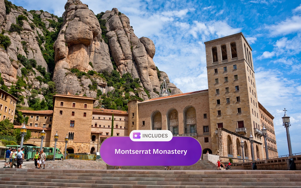 Montserrat Monastery with mountain backdrop near Barcelona, Spain.