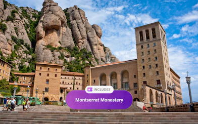 Montserrat Monastery with mountain backdrop near Barcelona, Spain.