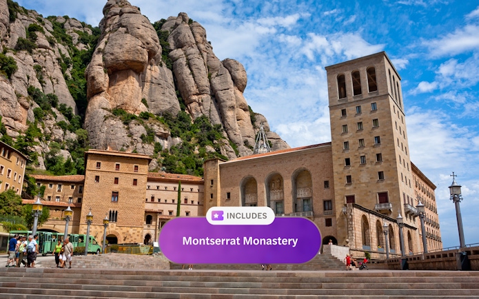 Montserrat Monastery with mountain backdrop near Barcelona, Spain.