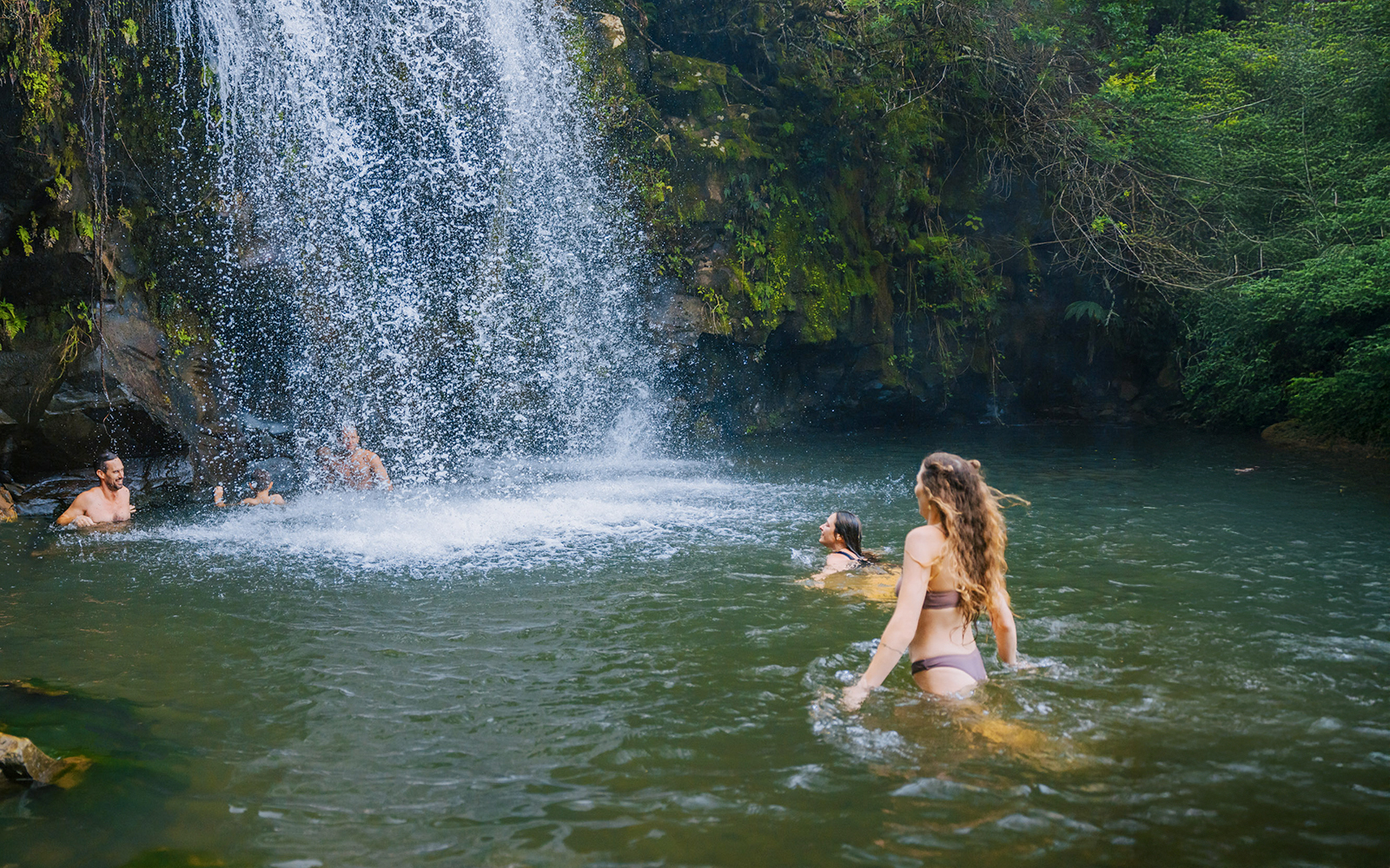 Guests swimming near Kohala Waterfalls in lush green surroundings.