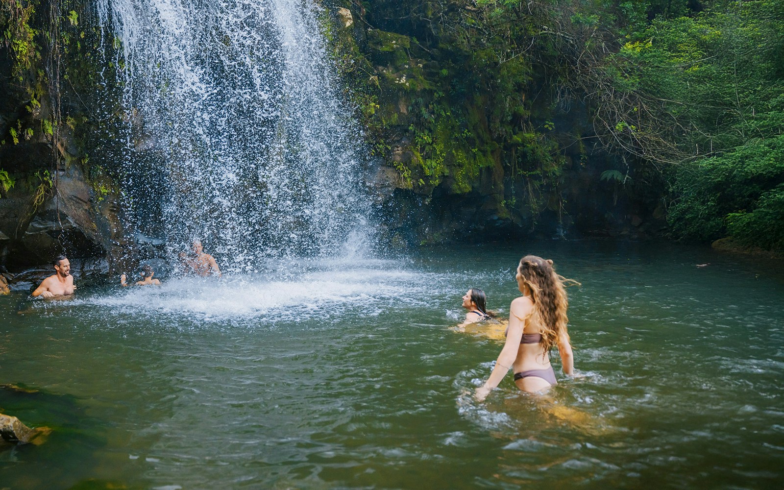 Guests swimming near Kohala Waterfalls in lush green surroundings.