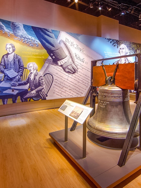Exhibit featuring historical documents and Liberty Bell replica at Museum of the Bible, Washington DC.