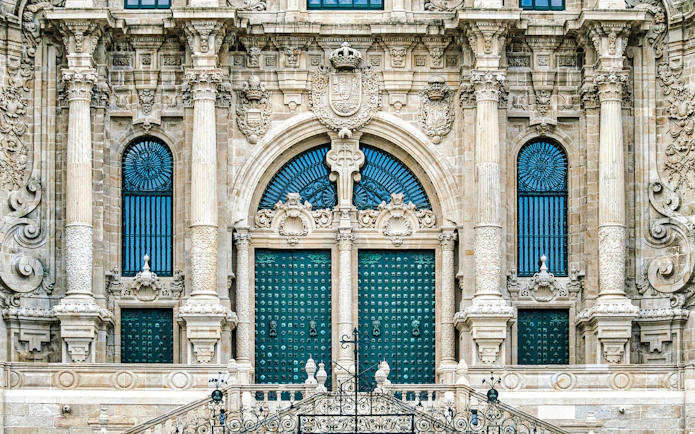 Portico De La Gloria at the Obradoiro facade, Cathedral of Santiago de Compostela, Spain.