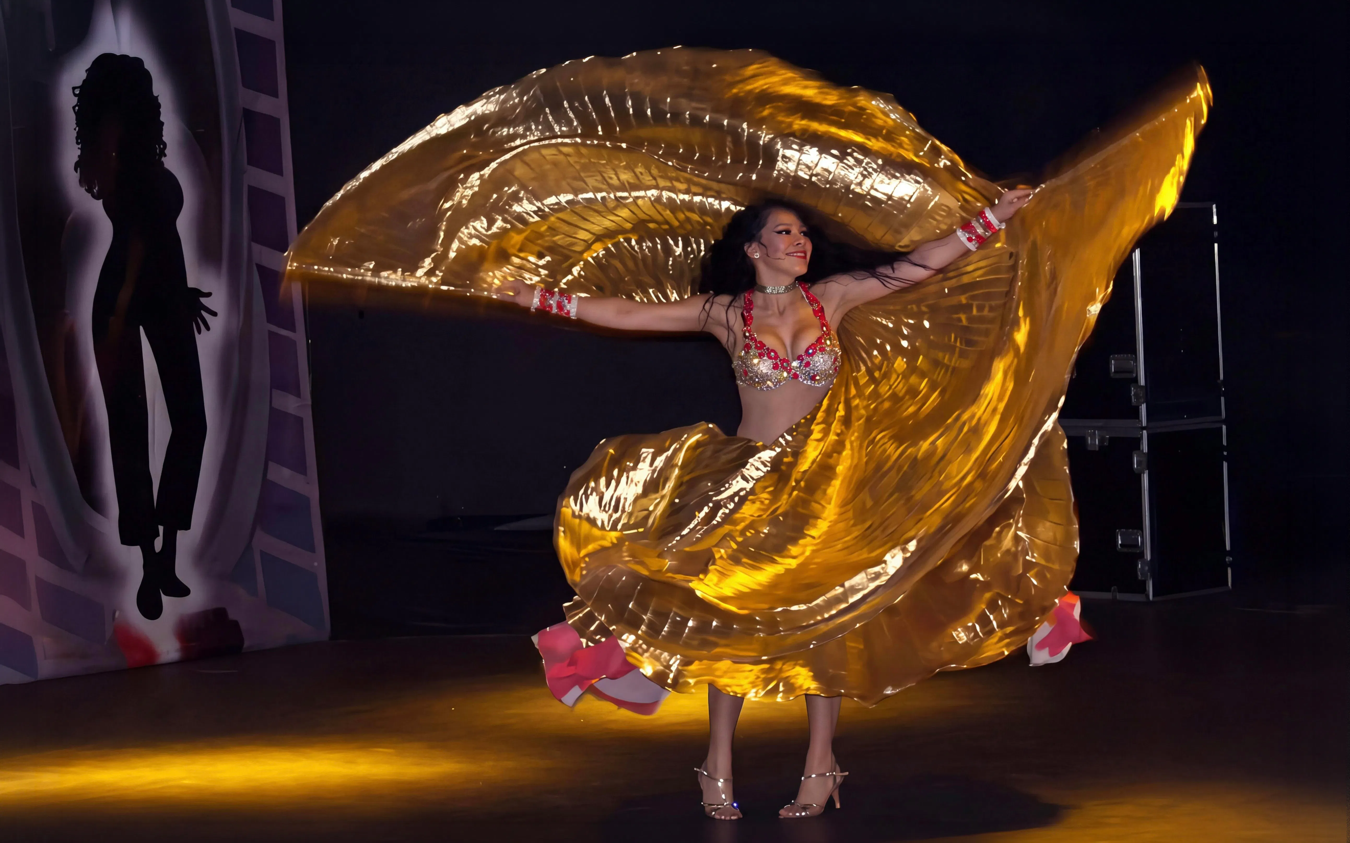 Woman performing traditional Turkish dance in vibrant costume.