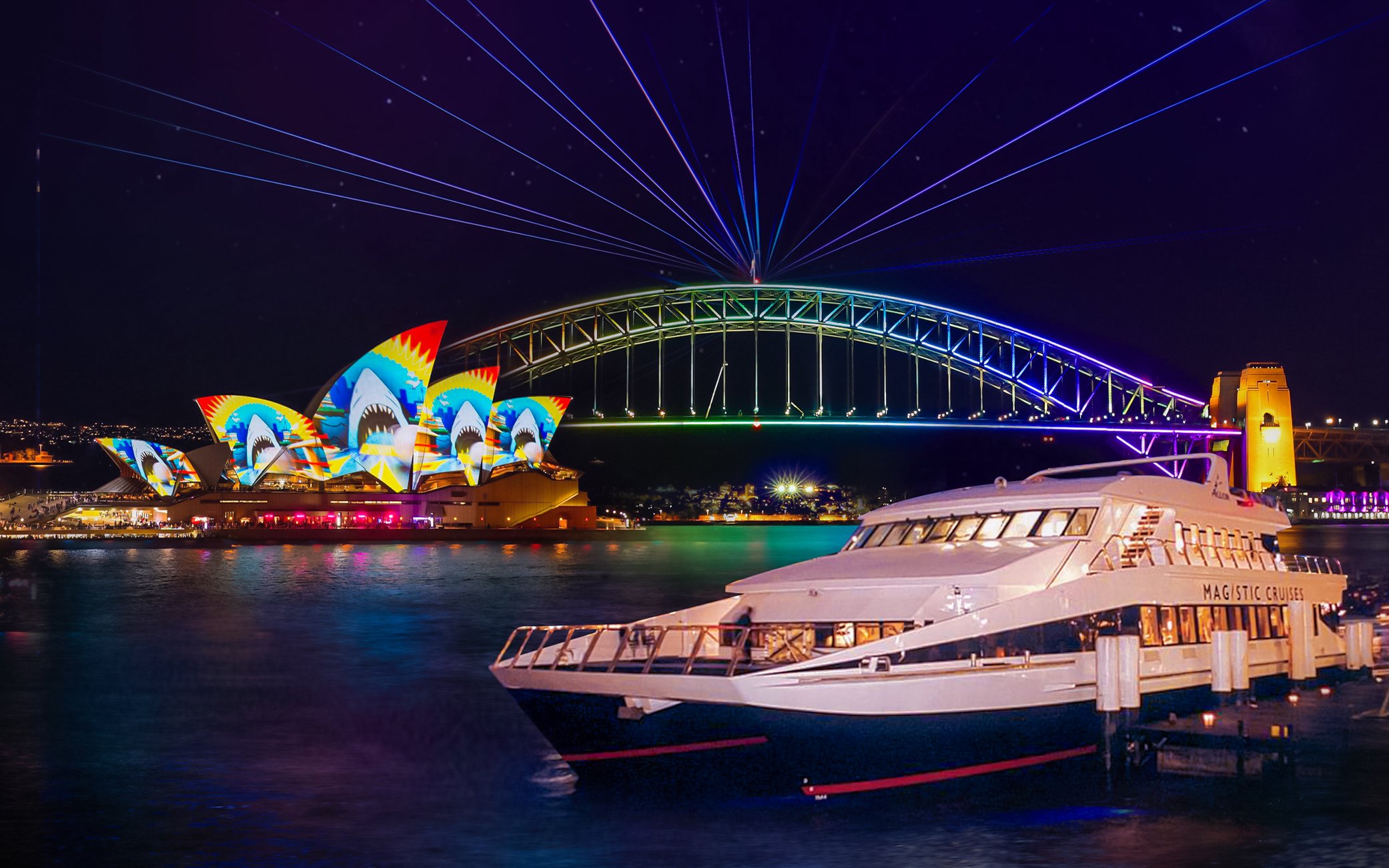 Sydney Opera House and Harbour Bridge illuminated during Vivid Sydney cruise.