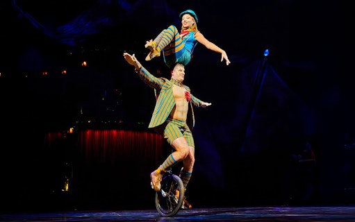 Artists performing acrobatics on a unicycle at Cirque du Soleil Kooza, Singapore.
