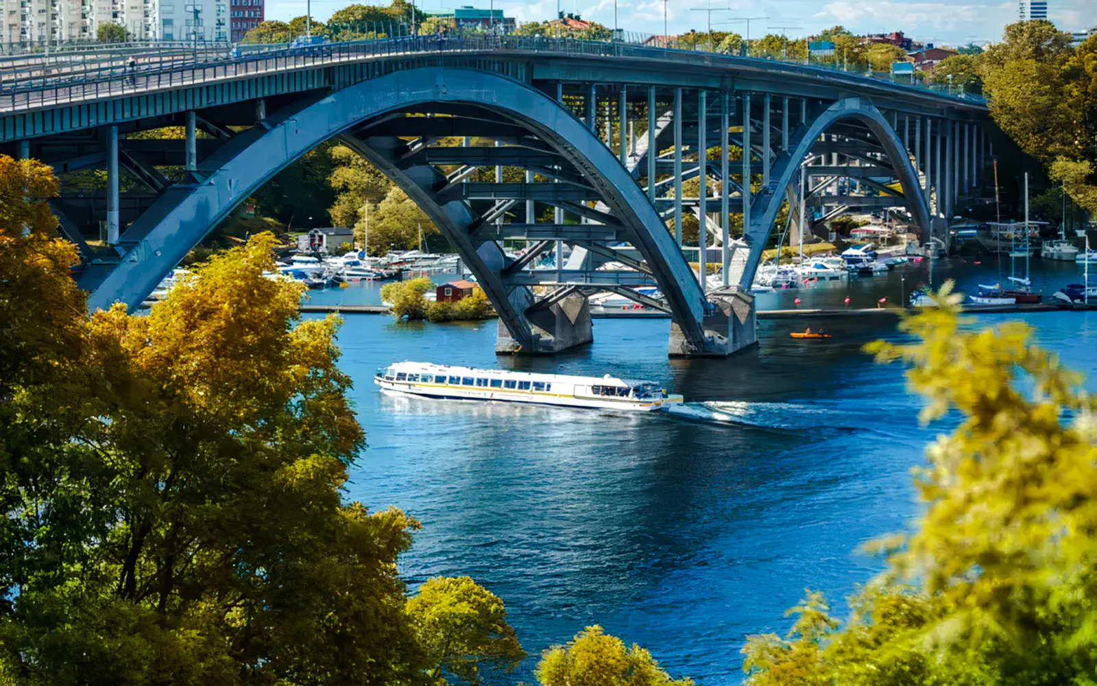 Cruise boat passing under a bridge during City Highlights Boat Tour in Stockholm.