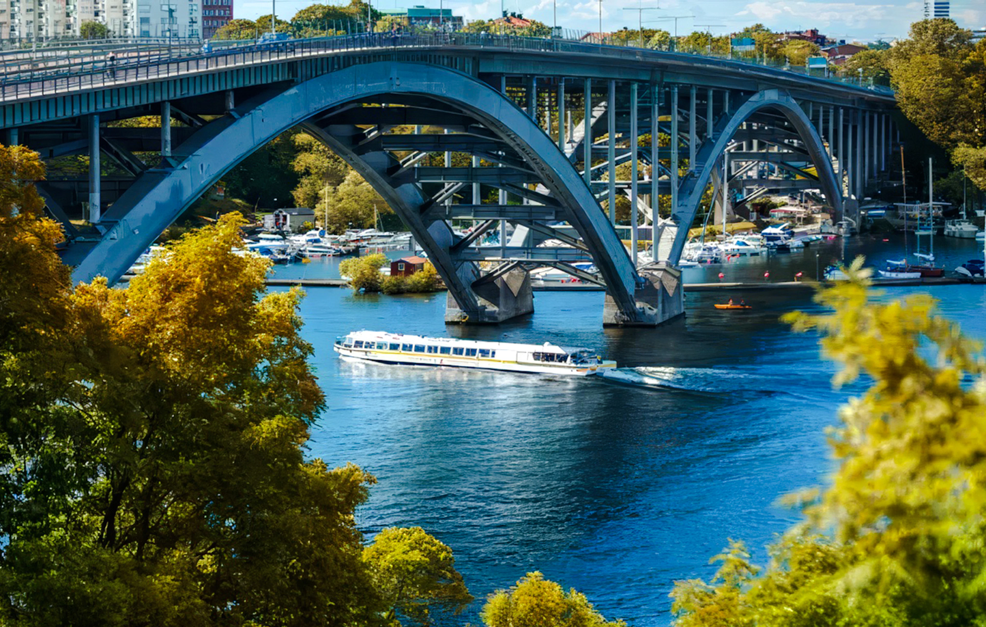 Cruise boat passing under a bridge during City Highlights Boat Tour in Stockholm.