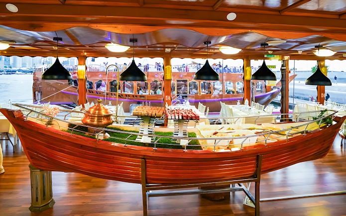 Buffet spread on a dhow for 2-hour luxury dinner cruise in Dubai.