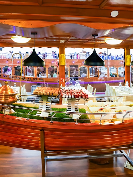 Buffet spread on a dhow for 2-hour luxury dinner cruise in Dubai.
