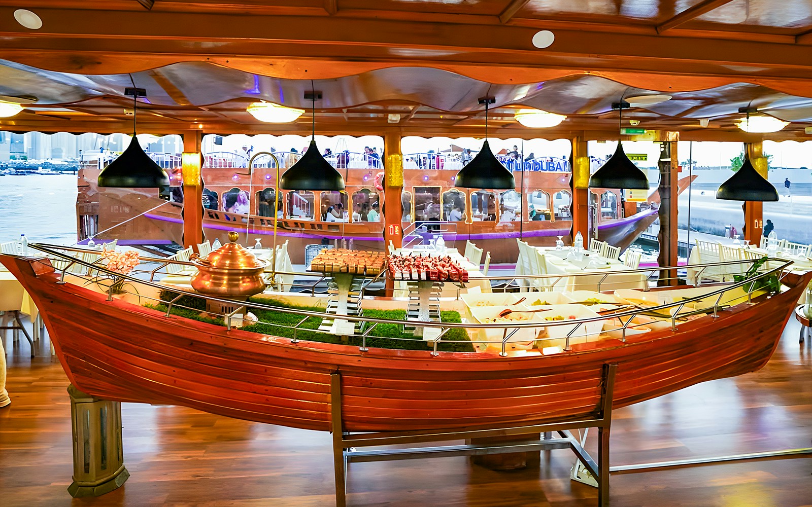 Buffet spread on a 2-hour luxury dhow dinner cruise in Dubai Marina.
