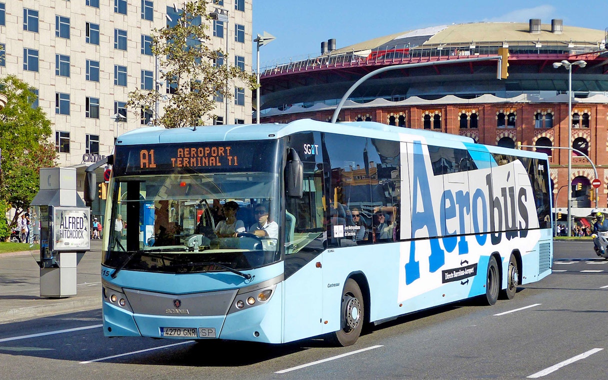 Aerobus in Barcelona city center heading to airport terminal T1.