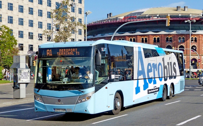 Aerobus in Barcelona city center heading to airport terminal T1.