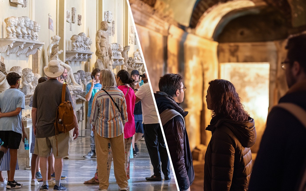 Visitors exploring Vatican Museums sculptures and Catacombs passage with Jubilee Bronze Pass.