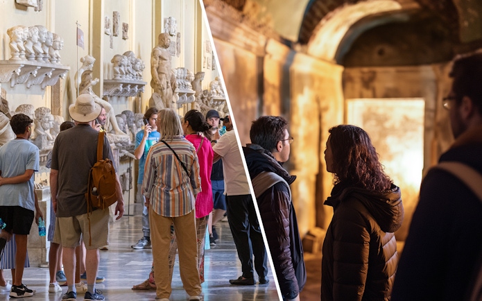 Visitors exploring Vatican Museums sculptures and Catacombs passage with Jubilee Bronze Pass.