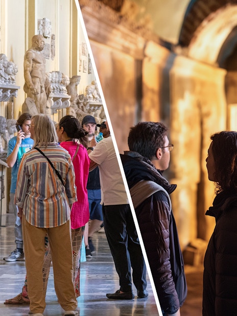 Visitors exploring Vatican Museums sculptures and Catacombs passage with Jubilee Bronze Pass.