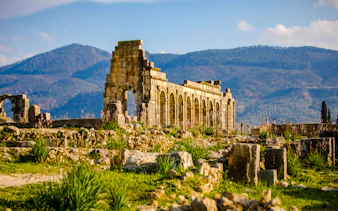 Ancient Roman ruins of Volubilis with mountain backdrop, near Fes, Morocco.