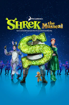 Shrek The Musical stage performance with characters Shrek, Fiona, and Donkey in vibrant costumes.