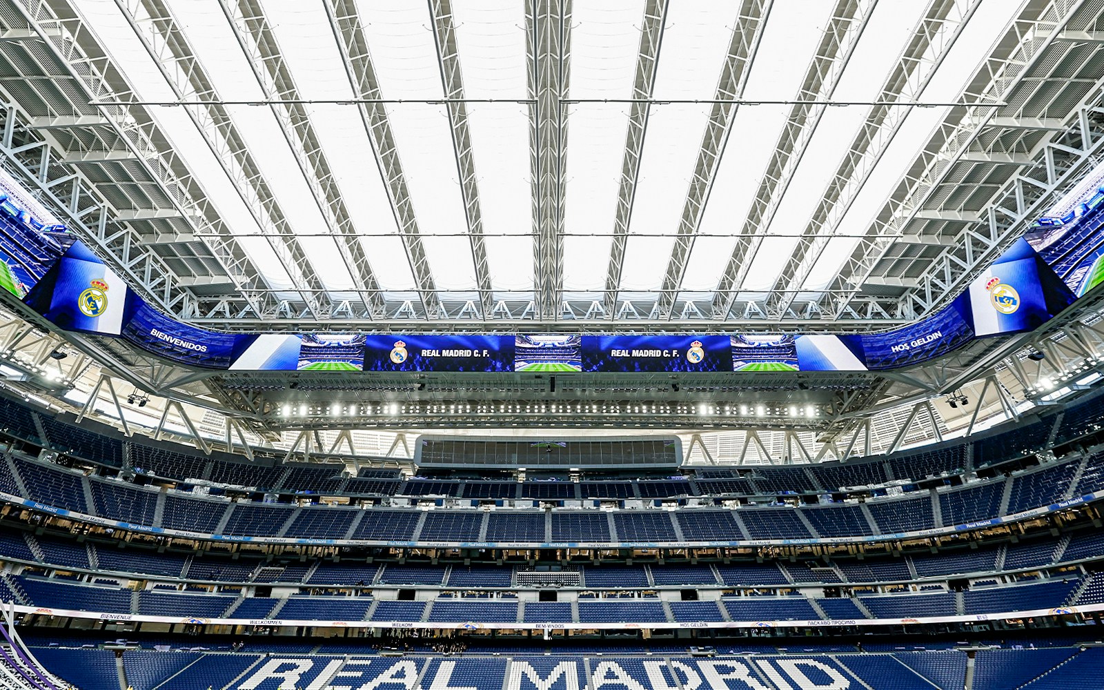 Santiago Bernabeu stadium exterior with iconic architecture in Madrid, Spain.