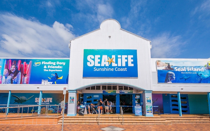 SEA LIFE Sunshine Coast entrance with Finding Dory and Seal Island exhibits.