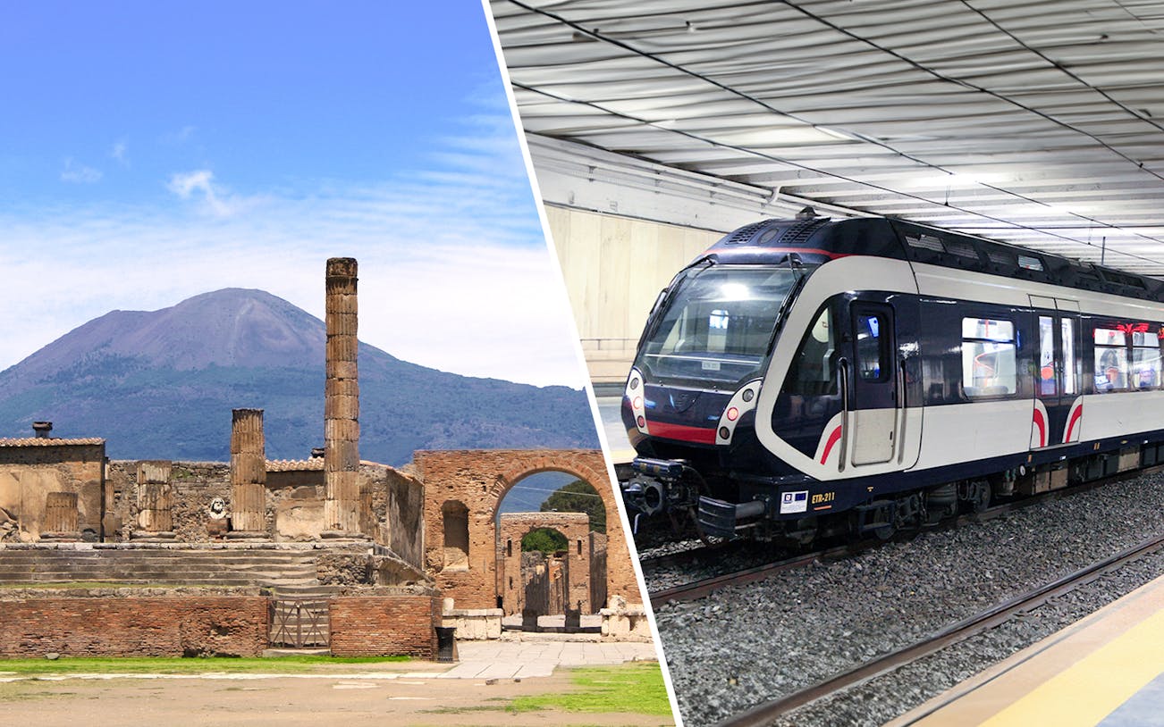 Pompeii ruins with Mount Vesuvius and Campania Express train.