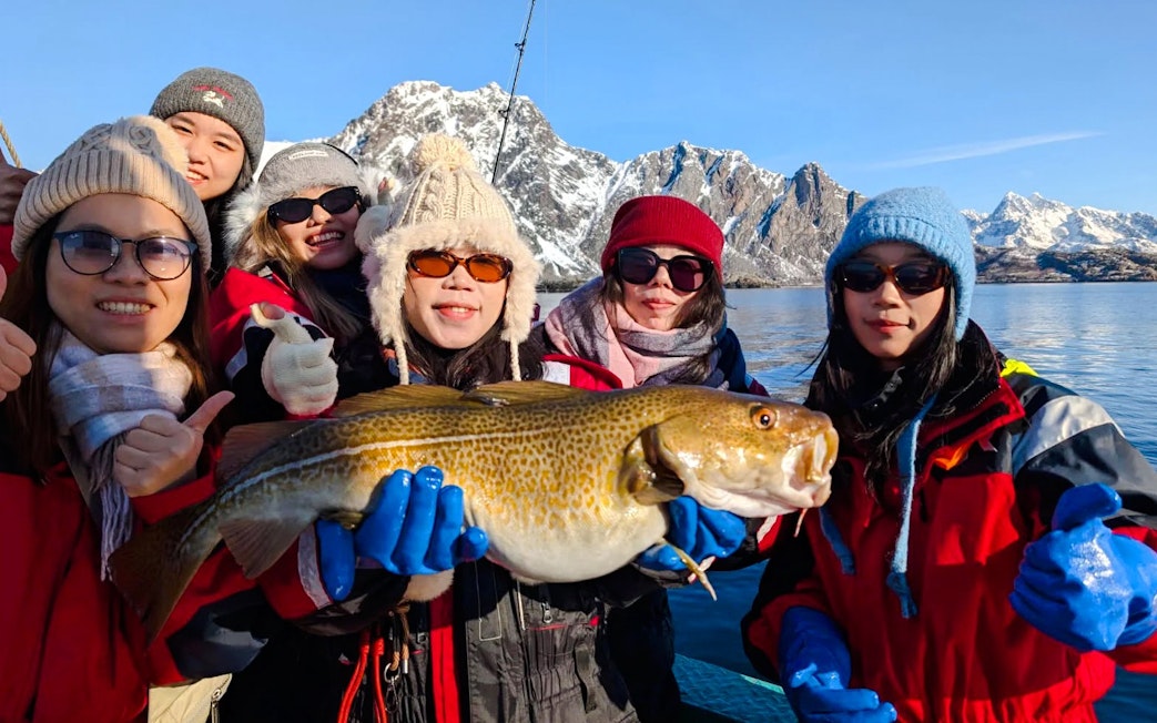 Group holding Atlantic cod on fishing boat cruise, Lofoten, with snowy mountains in background.