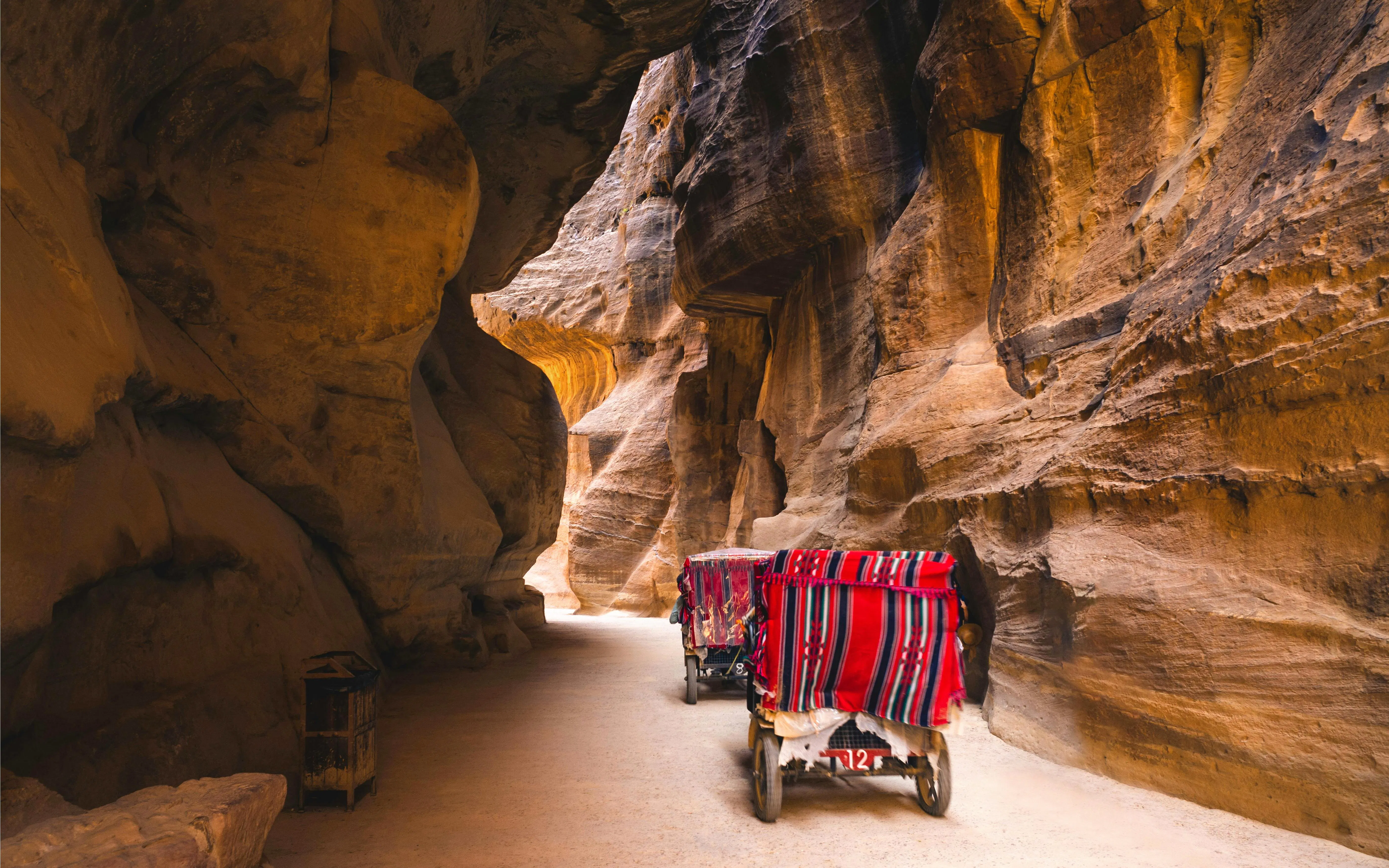 Horse cart traveling through the narrow Siq entrance to Petra, Jordan.