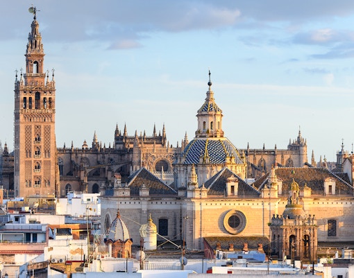 View of seville old town with giralda tower bell