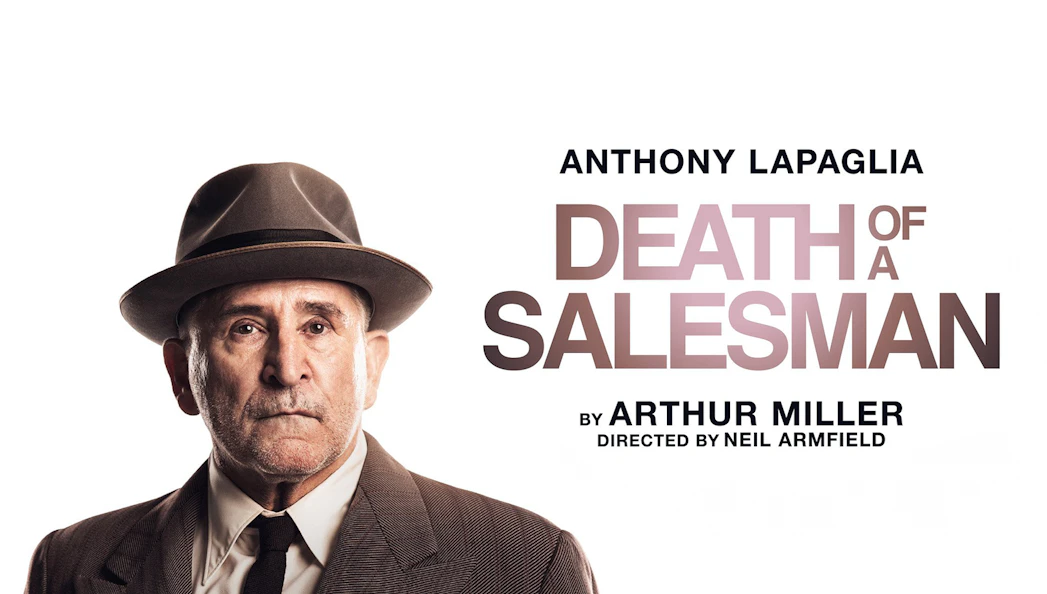 Death of a Salesman poster featuring a man in a suit and hat.