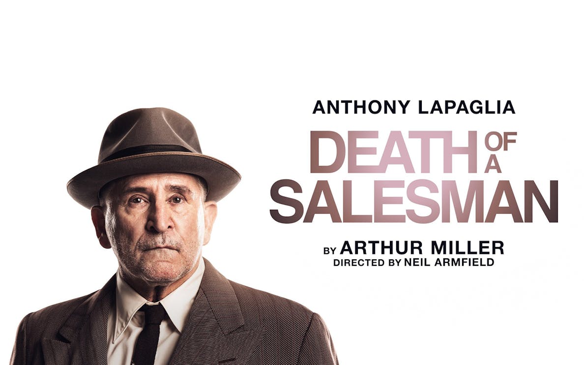 Death of a Salesman poster featuring a man in a suit and hat.
