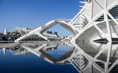 Valencia's City of Arts and Sciences architecture reflected in water.