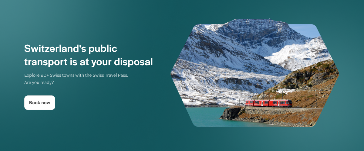 Train traveling through snowy mountains near Bern, Switzerland.