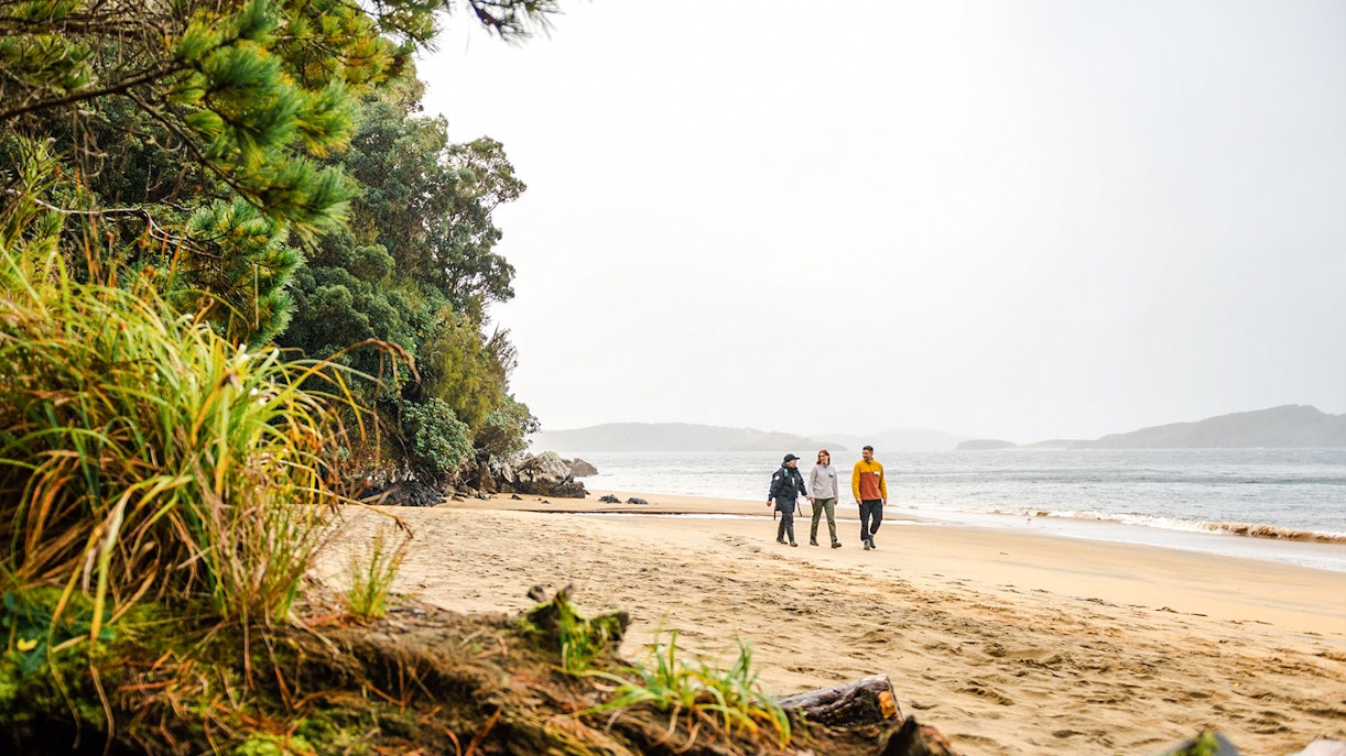 People walking on a beach during Stewart Island Guided Wilderness Walk.