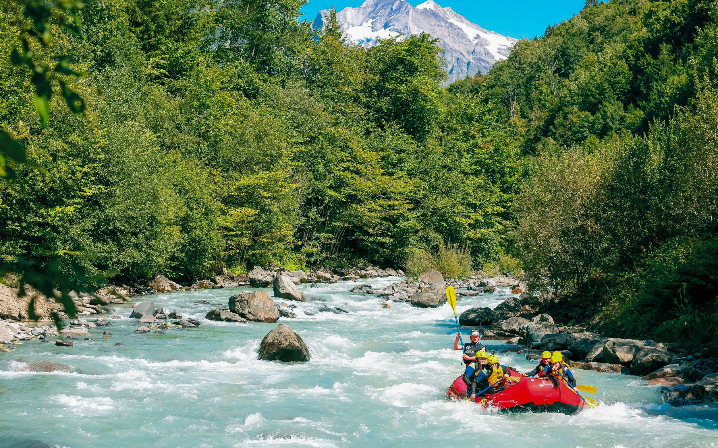 River rafting adventure on a turquoise river in Interlaken with lush green forest and mountains.