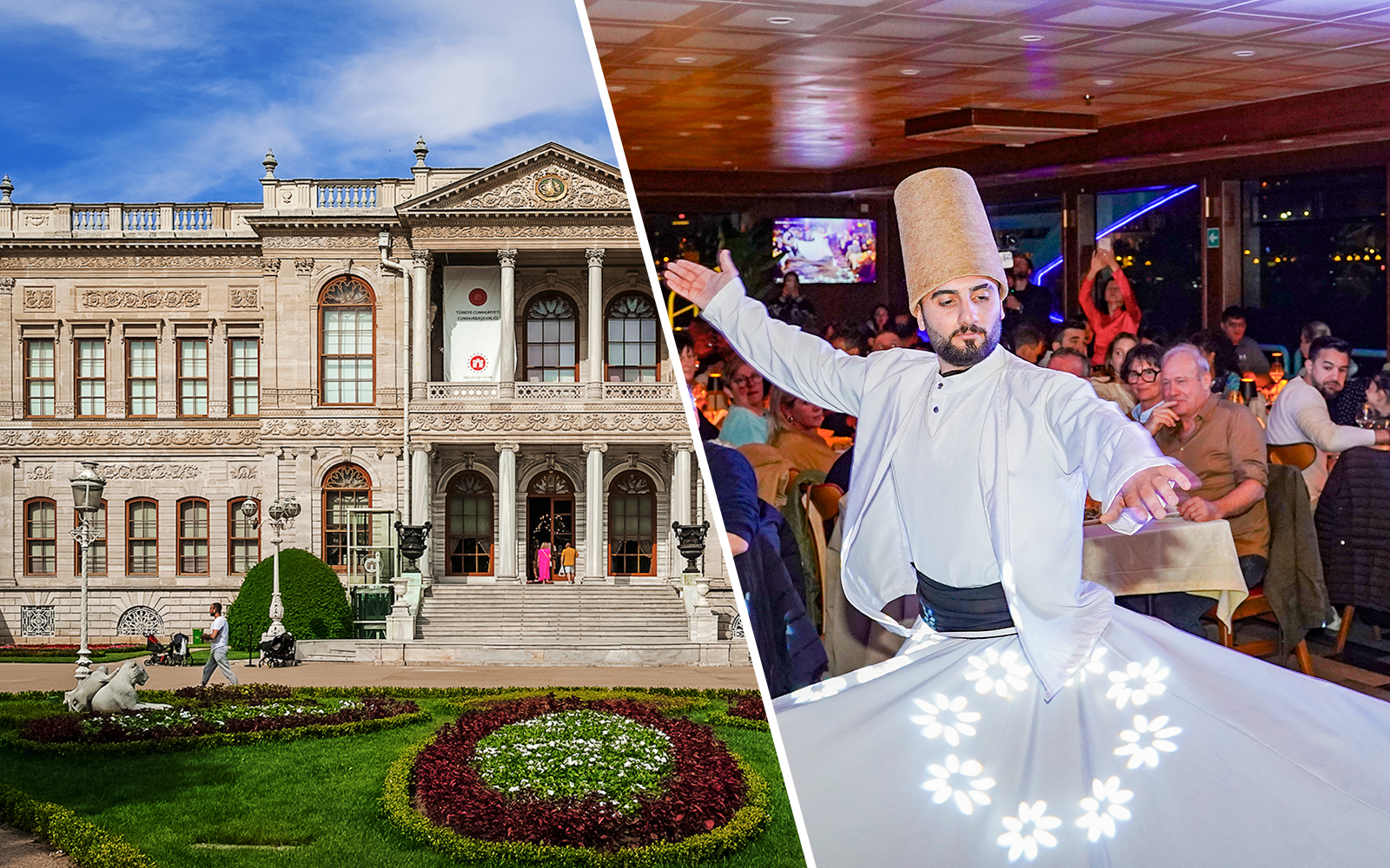 Bosphorus dinner cruise with whirling dervish performance and Dolmabahçe Palace view.