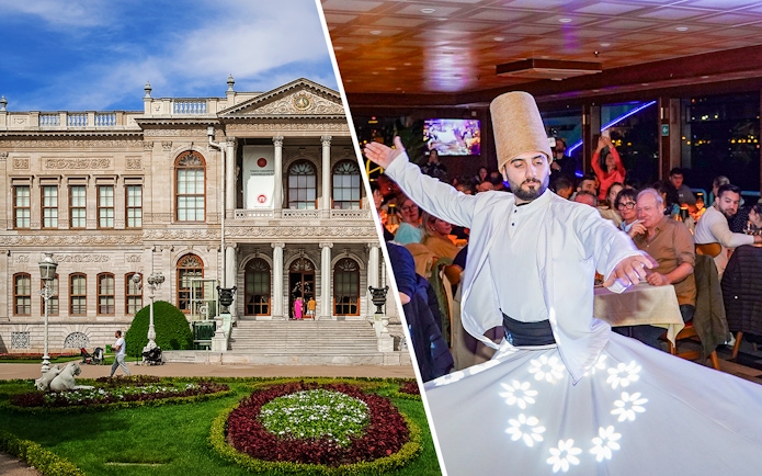 Bosphorus dinner cruise with whirling dervish performance and Dolmabahçe Palace view.