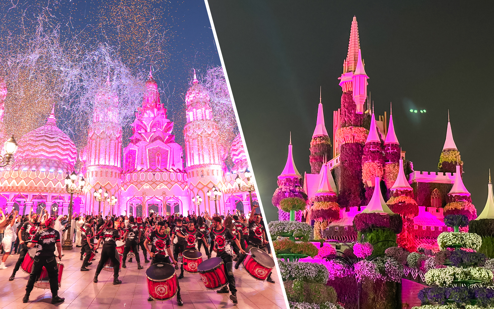 Drummers performing at Global Village Dubai and illuminated floral castle at Dubai Miracle Garden.
