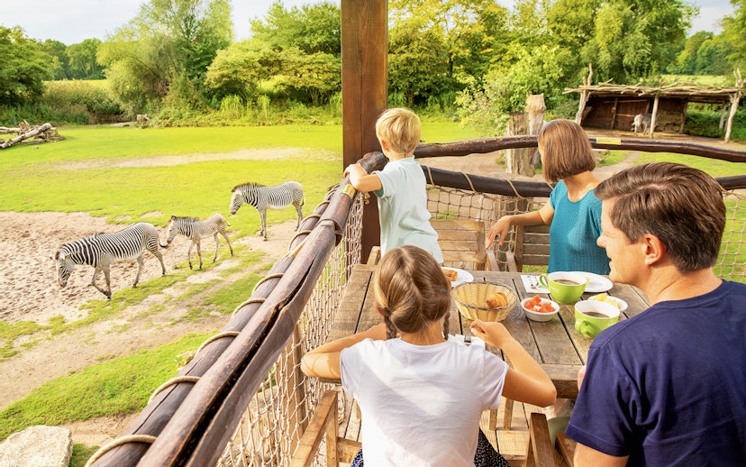 Family dining with view of zebras at Zoo Leipzig.