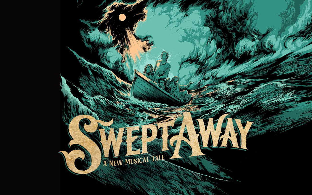 Boat with four people in stormy sea under moonlight, "Swept Away" musical title.