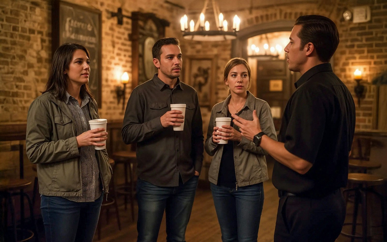 Tour group listening to a guide during a haunted pub crawl in New Orleans.